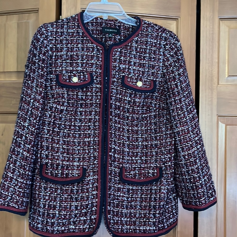 Talbots sz 12 red, blue, white tweed jacket with pockets